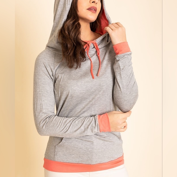 NEW Egs by éloges Gray & Coral Two Tone Color Block Hoodie Small - Picture 1 of 12